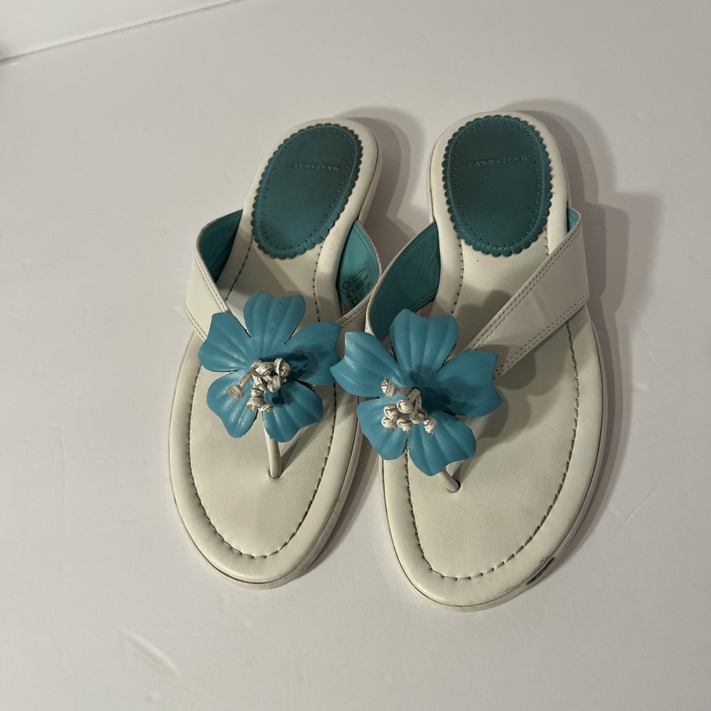 Lands End White Leather Flip Flop Sandals Teal Clip On Flowers Womens 7.5